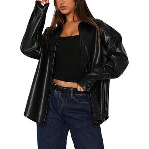 Women Black Button Down Shirt Long Sleeve Loose Light Coats Faux Leather Jacket
